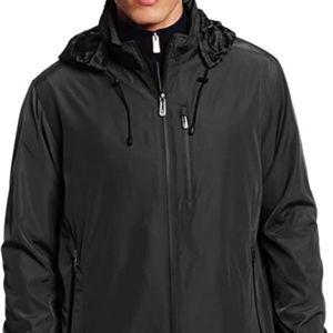 T-tech by Tumi Medium black packable rain jacket with zip-in hood.